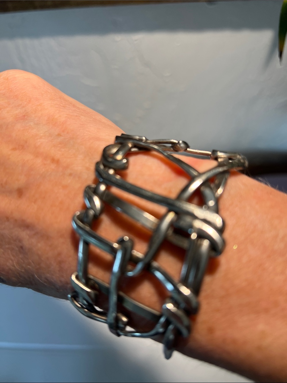 Chunky Silver Link Bracelet - Sculptural Metal Cuff Brutalist Mexican Silver